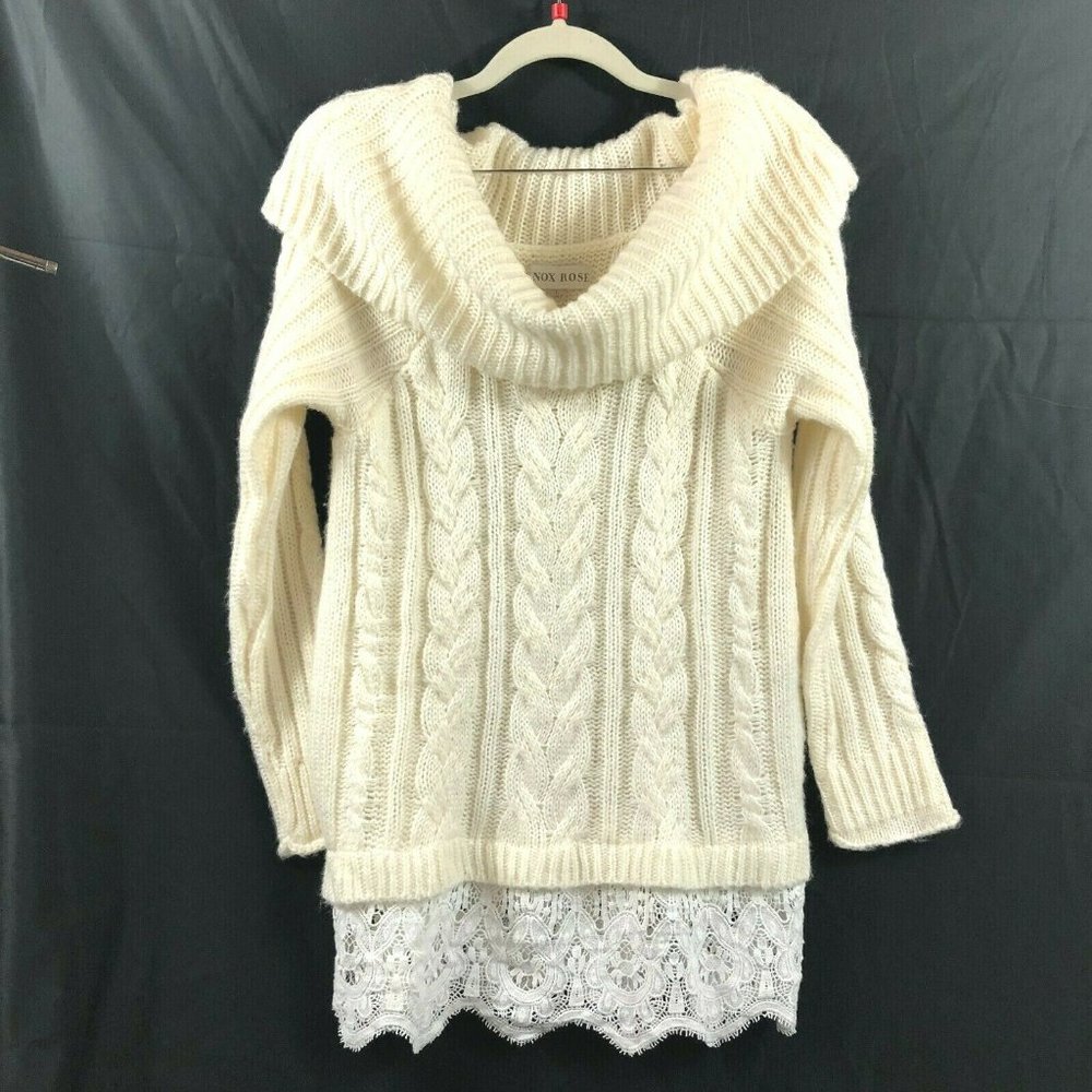 Knox Rose Women's Cable Knit Sweater Large Cream Lace Hem Cowl Neck Long Sleeve